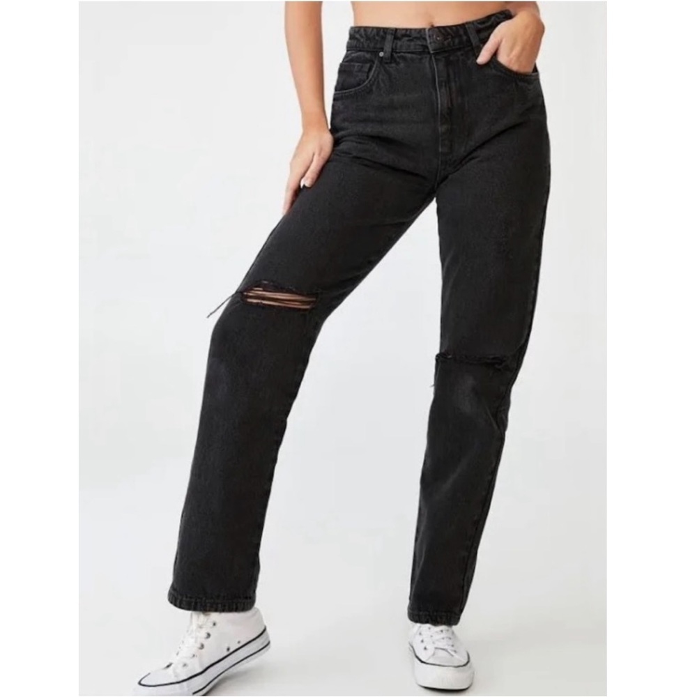Cotton On Stretch Straight Leg Jeans High Rise Distressed Black Denim 2